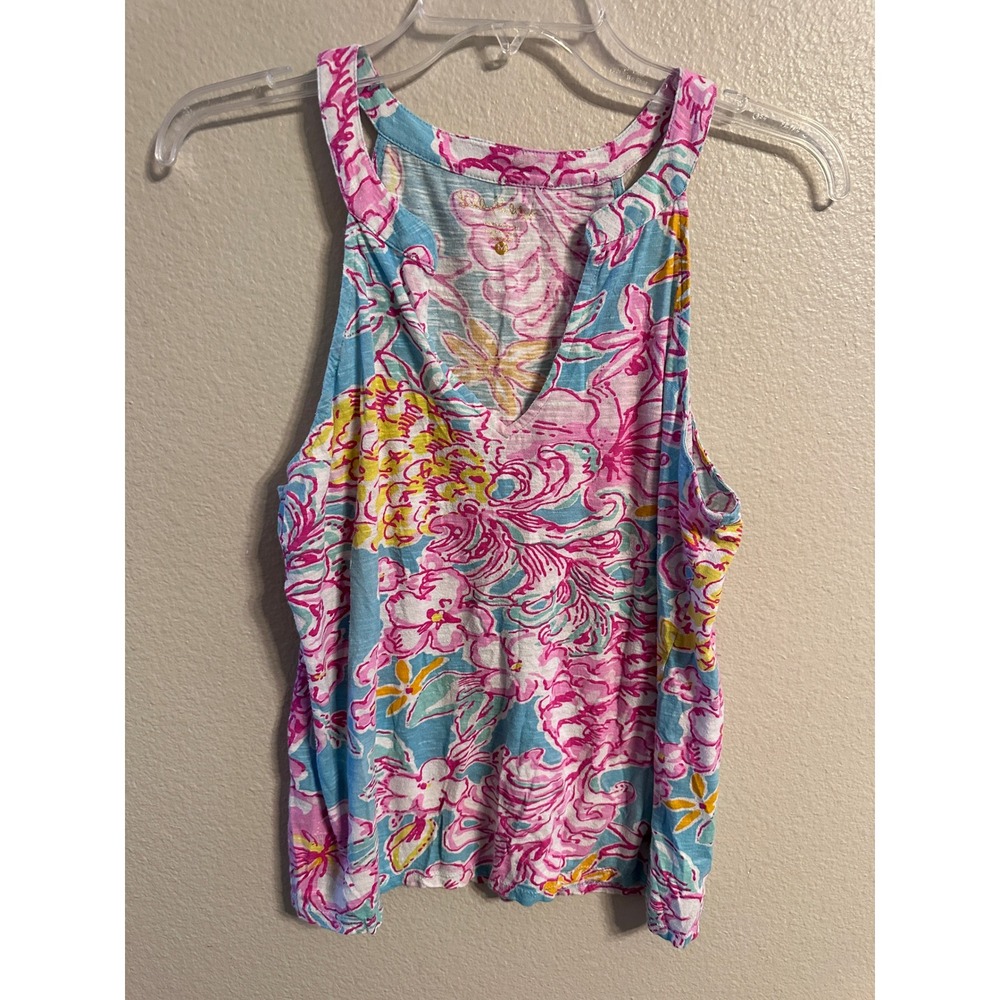 Lilly Pulitzer Tank Top Medium Floral Sleeveless V Neck Blue Pink Yellow